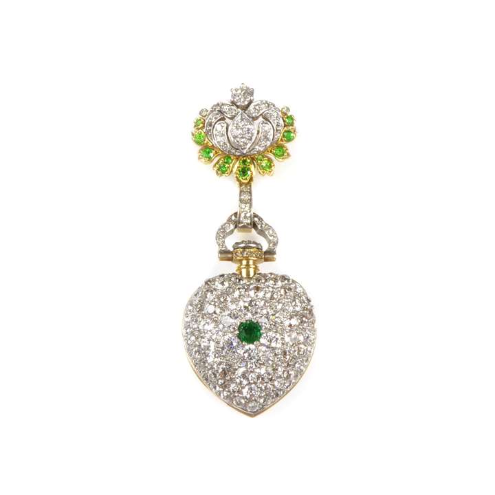 Antique diamond, emerald and demantoid garnet cluster lapel watch